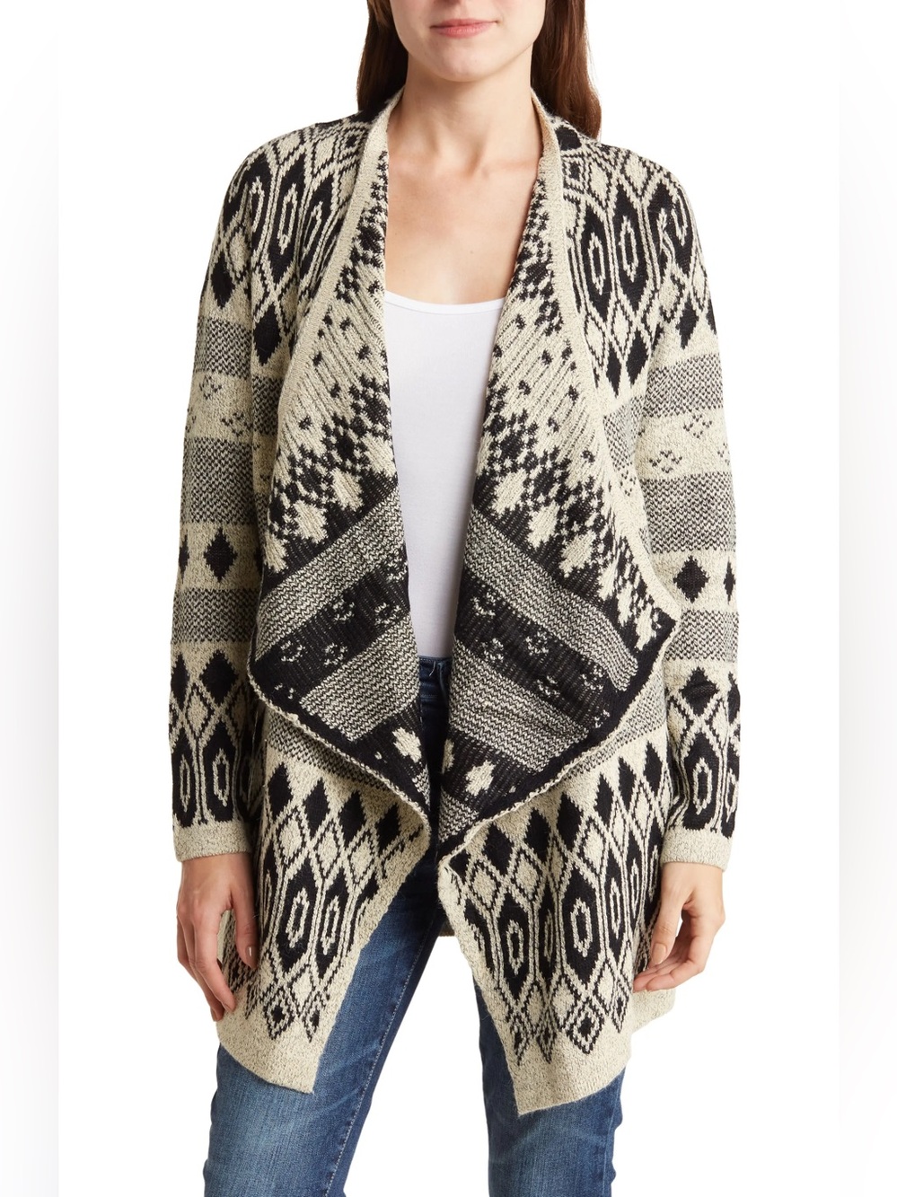 Lucky Brand Allover Jacquard Drape Knit Open Front Cardigan Size S